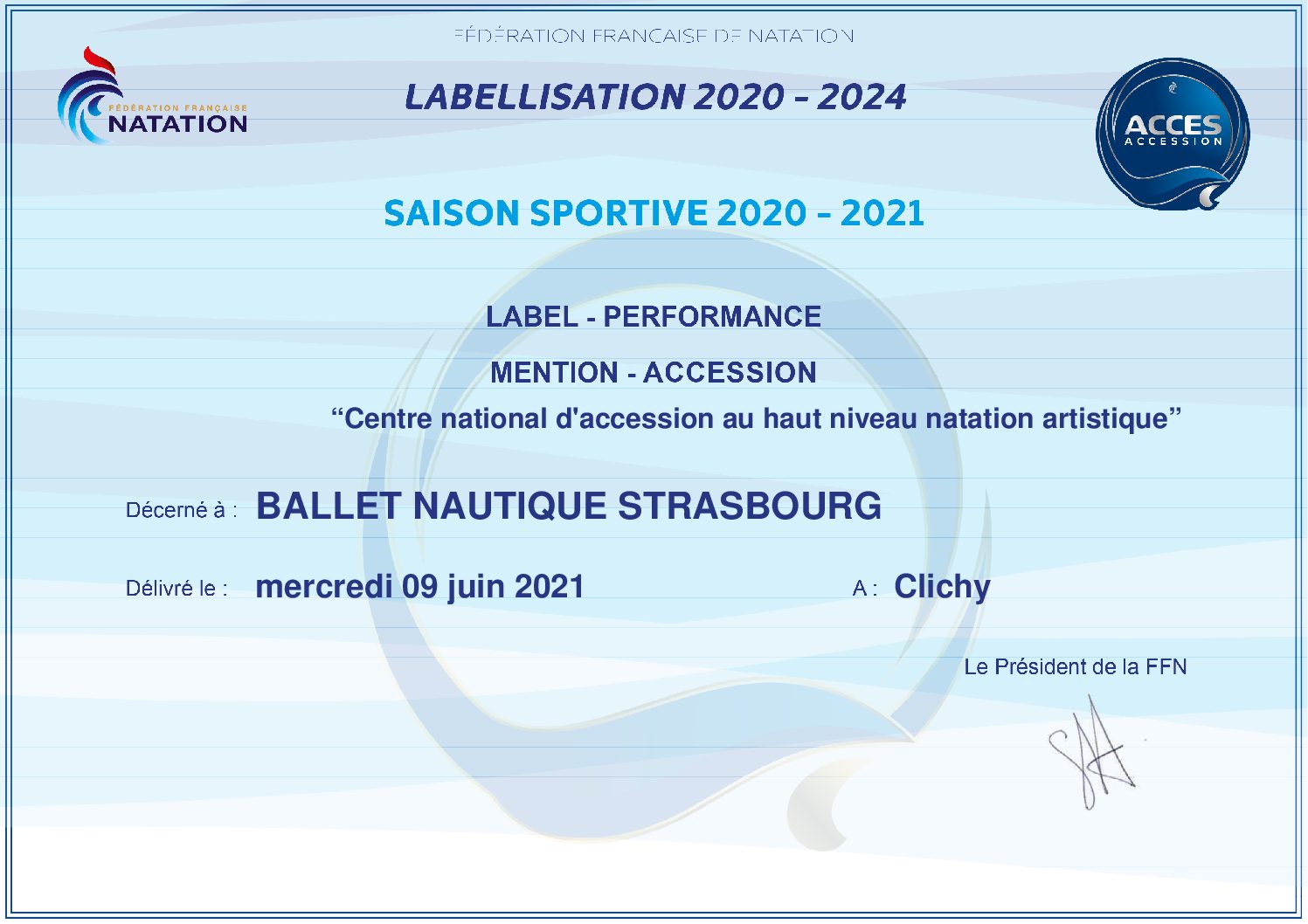 Label Performance, mention Accession pour le BNS, Centre National d’Accession au Haut Niveau Natation Artistique